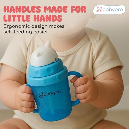 Image of BabyPro Baby Sipper Mug with Straw, 180 ml, Blue, for Babies 1+ Years | Toddler Drinking Bottle, Spill Proof, BPA Free, Easy Grip, Soft Spout, Leak Proof
