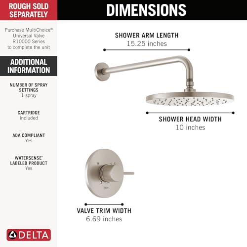 Image of Delta Modern 14 Series Round Rain Shower Faucet Set, Brushed Nickel Shower Head and Handle Set, Valve Trim Kit, Spotshield Stainless T14269-SP-PP (Valve Not Included)