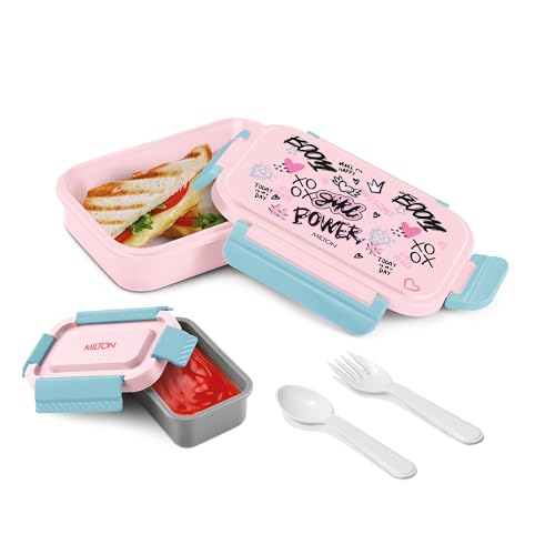 Image of MILTON Big Candy Tiffin Lunch Box for Kids Boys & Girls with Leak-Proof Inner Container| Food Grade,BPA Free,Compact & Durable Snacks Box for Kids I Plastic Spoon & Fork, 830 ml, Light Pink