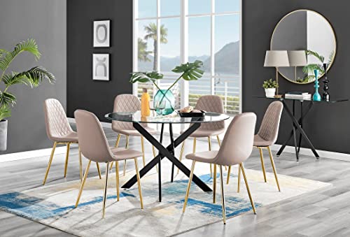 Image of Furniturebox UK Dining Table - Novara 120cm Round Matte Black and Clear Tempered Glass Industrial Home 4/6 Seater Kitchen Dining Table & 6 Cappuccino Faux Leather Gold Leg Corona Dining Chairs