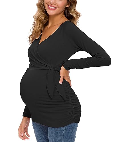 Image of Glampunch Women's Maternity Shirts Short & Long Sleeve Tie Front Wrap Maternity Tops