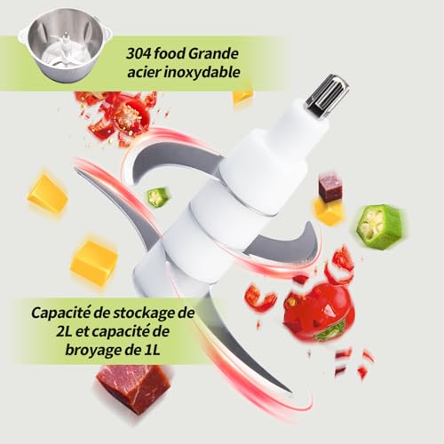Hachoir Électrique, 300W Mixeur Hachoir 2L avec Moteur en Cuivre & Bols Acier Inox, 4 Lames Amovibles, 2 Vitesses Réglables food processor pour Viande/Légumes/Fruits/Cuisine – Image 4