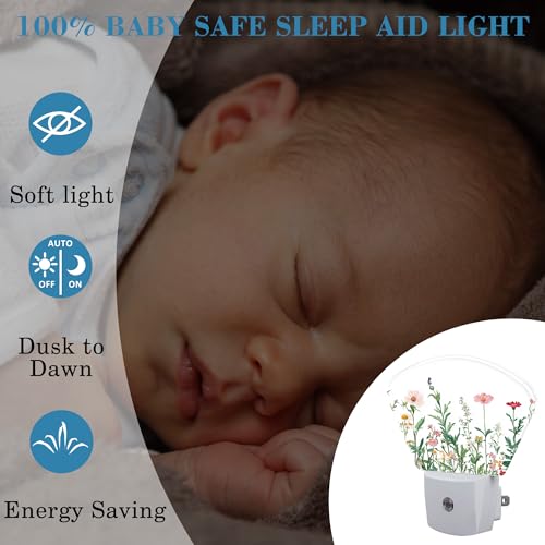 Image of Watercolor Colorful Wildflowers Night Light Wildflowers Nightlight Plug into Wall with Dusk to Dawn Sensor for Kid Girls Boys Women Men Room, Hallway, Kitchen, Bathroom, Stairs Decor