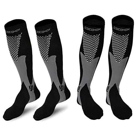 COCOHOK compressiekousen voor dames en heren, ter verhoging van prestaties, uithoudingsvermogen, doorbloeding en herstel, geschikt voor sport, voetbal, hardlopen en vliegen,2 Paar Schwarz,43-47 Cover