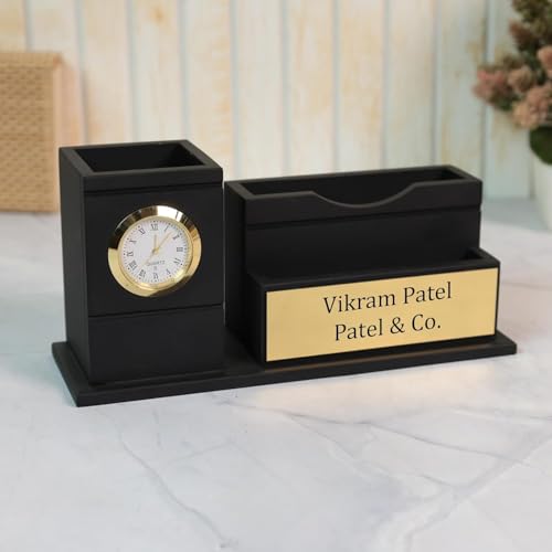 Image of EpicLane Wooden Pen Holder with Clock, Infinity Calendar, Visiting Card Holder & Mobile Stand | Desk Organizer (Vintage - Black)