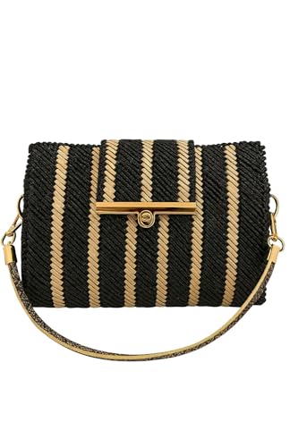 Bolsa Carmem de Crochê em Fio Náutico Preto e Dourado, Alça em Couro Sintético, Forro com Bolso Interno, Bolsa Feminina Artesanal 25x18x6.5 cm