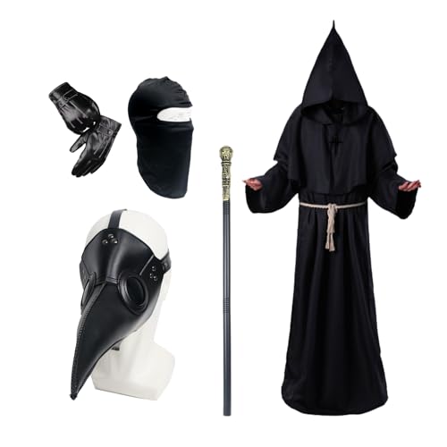 Pest Arzt Halloween Kostüm, lange Nase Schnabel Maske Erwachsener Pest Arzt Maske Priester Robe Skepter Kreuz Halskette Gürtel Leder Handschuhe Balaclava Halloween Karneval Fancy Kleid Cosplay Kostüm