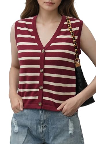 Image of Women's Striped Sweater Vest V-Neck, Fall 2025 Lightweight Cotton 100%, Vintage Button Cardigan Style Layering Staple for Turtlenecks & Jeans 18 Red L