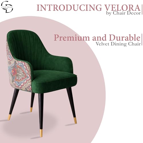 Image of Velvet Accent Chair | Modern Upholstered Dining Chair for Living Room, Office, Lounge & Vanity | Sturdy & Stylish Armchair (Floral, Green)