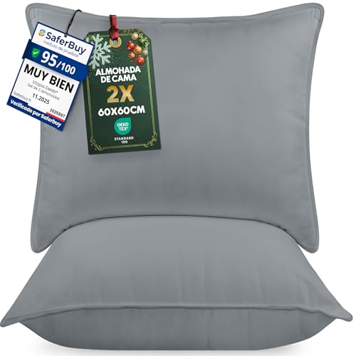 Utopia Bedding Almohadas (2 Unidades), 60 x 60 cm Almohadas de Primera, Fibra Hueca Virgen Siliconada, Almohadas Suave de Fácil Cuidado (Gris)