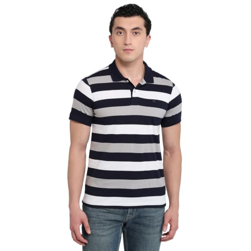 Image of Raymond Men Modern Fit Stripe Pattern Pure Cotton Polo Neck Half Sleeve Casual T-Shirt