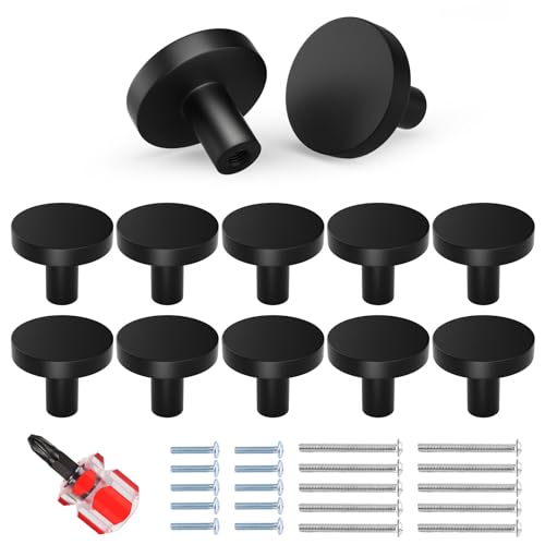 Chuner 10 Pcs Pomos y Tiradores Negros, Pomo de Cajón de Metal Mate, Tiradores Cocina Redondas Modernas, Tiradores Armarios Tiradores Cajones Vintage con Tornillos & Destornillador