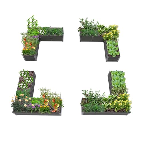 A ANLEOLIFE 4 Set L-Shaped Galvanized Raised Garden Beds Outdoor,74x74x18in Large Metal Planter Box for Planting Vegetables Flowers Herb, Anti-Rust & Easy-Setup, Quartz Grey
