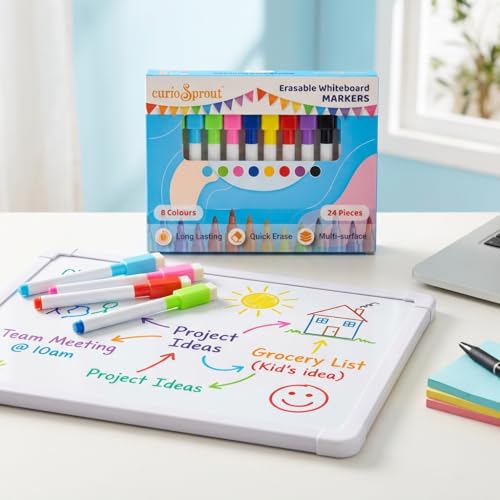 Image of Whiteboard Markers | 24 Pcs, 8 Colours | Fine Tip Dry Erase Marker Pen Set | Multi-Surface: Board, Glass & Ceramic | For School, Office & Home