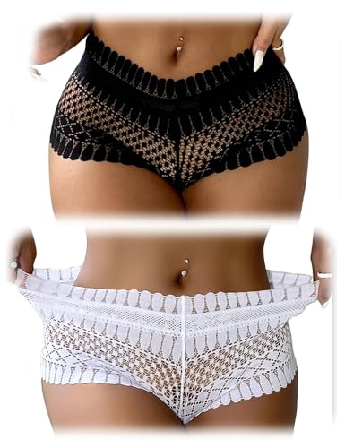 comeondear Brasilien Slip Pantys Damen Spitze Sexy String für Frauen Unterwäsche Set Übergröße Unterhosen Tanga Dessous Reizwäsche Bikinislip Große Größen Seamless Women Underwear(Schwarz+Weiß,XL-XXL)