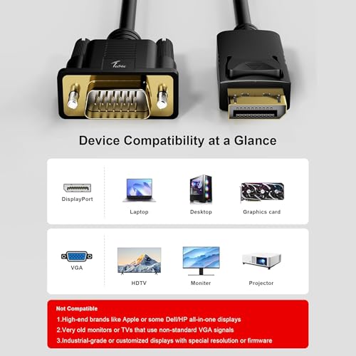 Image of Techie DisplayPort to VGA Cable 1.8m | DisplayPort 1.2 to VGA Analog Video Converter Cable, Full HD 1080p 60Hz, Plug-and-Play Display Adapter for Laptops, PCs & Projectors, ABS Body (Black)