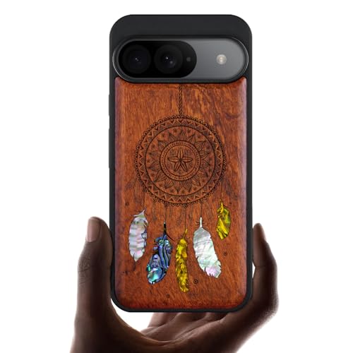 Étui de pour Google Pixel 9 coque bois gravé et incrustation nacre