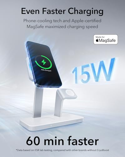 Image of ESR 25W 3-in-1 Charger Stand for Magsafe, Made for Apple-Certified Magnetic Wireless Charger, 15W Charging Station for iPhone 17-12 Apple Watch /AirPods Pro, Phone-Cooling Charger, White