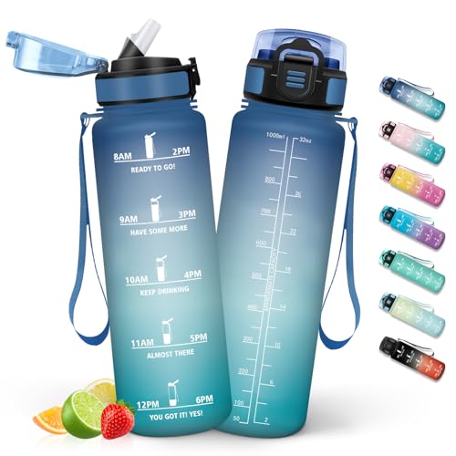 HoneyHolly Botella Agua 1 Litro, Botella Agua Gimnasio sin BPA con Marcador de Tiempo, Plastico Cantimplora Deportiva Motivacional, con Pajita, Cantimplora para Gimnasio, Colegio, Bicicleta
