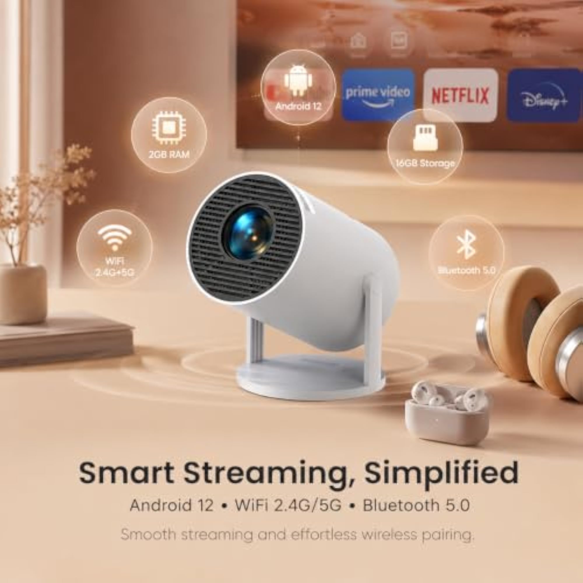 Smart LED Projector for Room, Android 12, 1080P