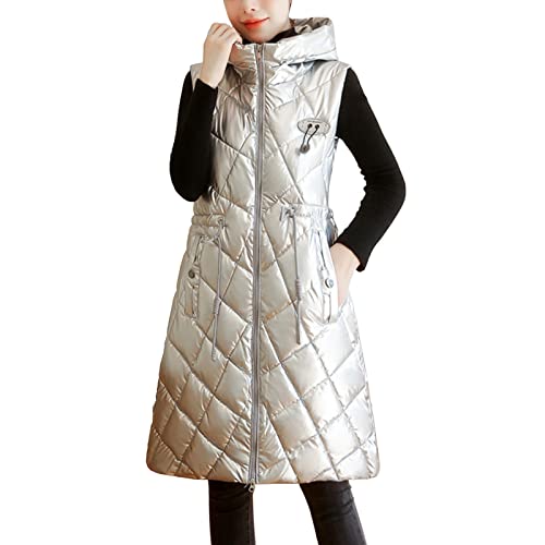 Cocila Weste Damen Lang Daunenweste Leichte Wintermantel Warm Steppweste mit Kapuze Ärmellose Jacke Steppjacke Kapuzenweste Winddichte Bequem Winterjacke Cover