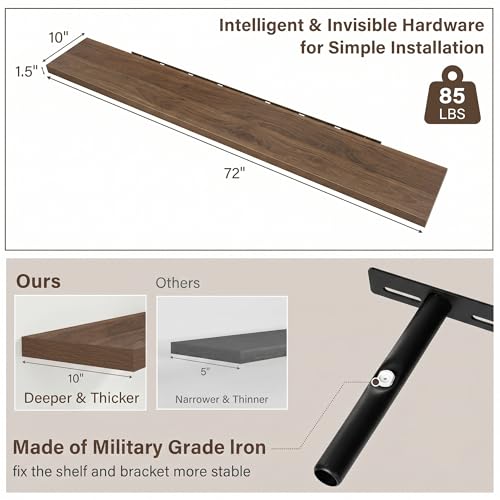 Image of Acovy 10 inch Extra Deep Floating Shelves for Wall, 72 inch Long Wood Wall Shelves Set of 1 for Bathroom Bedroom Kitchen Living Room Laundry Room, Modern Floating Shelf for Home Decor