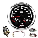 RACETECH 85mm (3-3/8') 3in1 Electrical Tachometer - Oil Pressure & Water Temp Gauge - 8000 RPM 150 PSI 250 F Hour Meter - 7 Color Black Dial 12V 24V - Oil Pressure and Water Temp Sender Included