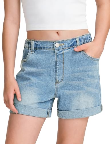 BOOPH Girls Jean Shorts Kids Athletic Denim Shorts Summer Casual Uniform Shorts for Teen Girl, Water Blue, 11-12 Years