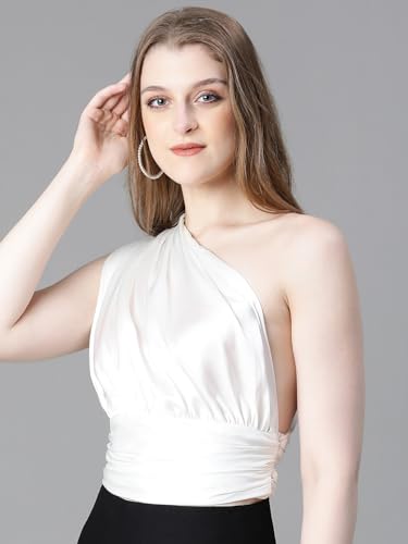 Image of oxolloxo Women Solid Elasticated One-Off Shoulder Satin Crop Top