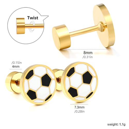20g Soccer Gold Plated Flat Screw Back Small Stud Earrings for Men Women Minimalist Cute Surgical Steel Black White Enamel Sports Fan Lover Cartilage Piercing Sleeper Tiny Studs Hypoallergenic Gift for Bff Christmas2
