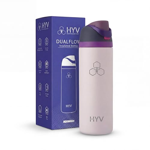 Image of HYV DualFlow Insulated Stainless Steel Water Bottle 750ml | Dual-Cap Sipper & Chug for Adults & Kids | Leakproof, BPA-Free, Hot & Cold Thermos | Gym, Sports, Travel, School Flask | Berry Cream