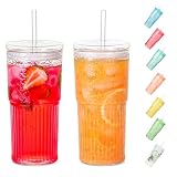 QWEZXO Glass Cups With Lids and Glass Straws，20 OZ High Borosilicate Glass Tumbler Iced Coffee Water Smoothie…