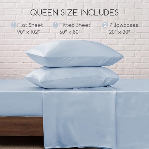 Image of MR&HM Satin Bed Sheets with Elastic Corner Straps, Queen Size Sheets Set, 4 Pcs Silky Bedding Set with 15 Inches Deep Pocket for Mattress (Queen, Blue Haze)