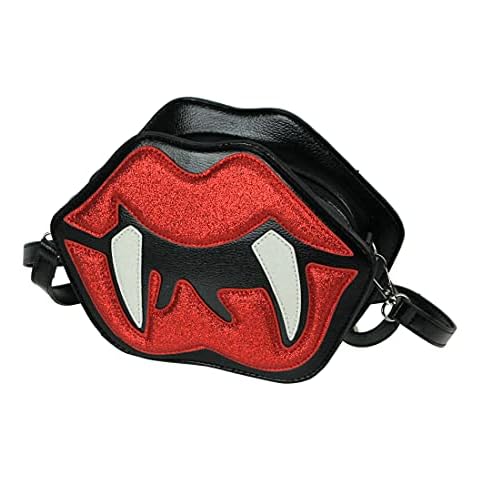 Things2Die4 Glittery Red Vampire Lips With Fangs Black Vinyl Crossbody Handbag Multicolor Cover