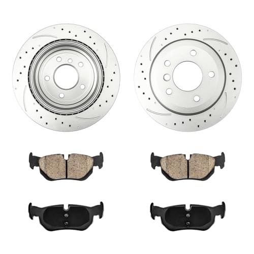 Image of KAX Rear Brake Kit Fits BMW 328i xDrive 2009-2013, BMW X1 2013-2015 | Drilled and Slotted Brake Rotors, Ceramic Brake Pads for 328i 2007-2013, 328xi 2007-2008, Automotive Replacement Brake Kit
