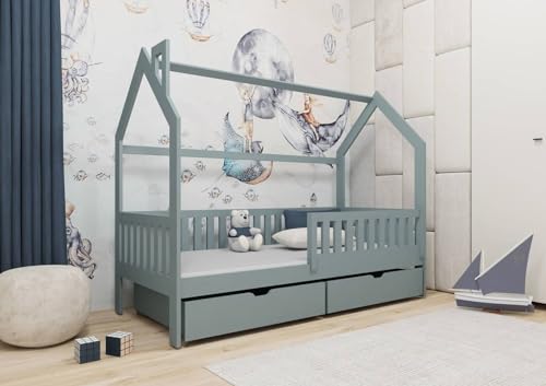 Kinderbett Timon Hausbett aus Holz mit Rausfallschutz zwei Schubladen Jugendbett Modernes Design Kinderzimmer Jugendzimmer Bodenbett Holzbett mit Lattenrost bis 120 kg ohne Matratze (Grau, 90x200cm)
