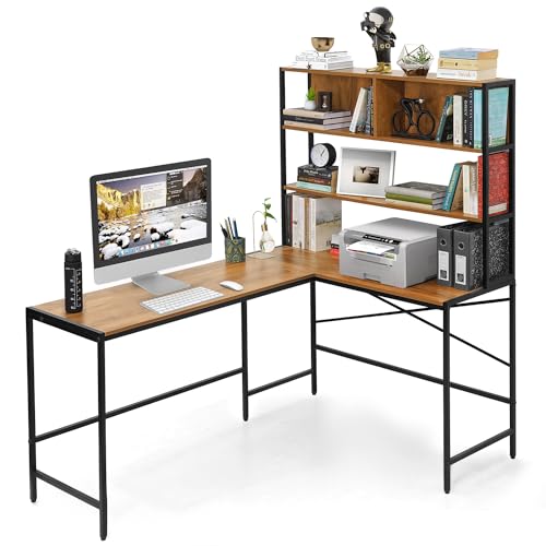 Image of ABOUT SPACE 3 Tier Computer Table with Unique L-Shaped Modern Desktop for Pc, Laptop, Study & Writing Open Bookshelf with Tower Storage Display Shelf [Teak - L 151.7 x B 113.5 x H 157 cm]