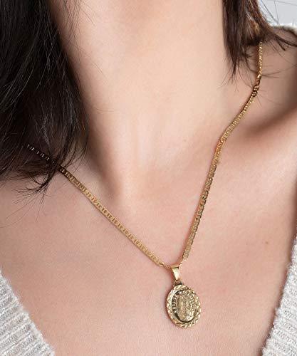 Barzel 18K Gold Plated Flat Mariner/Marina 060 3MM Chain Necklace With Virgin Mary Guadalupe Charm Pendant2