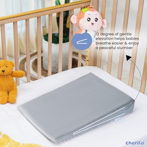 Image of Cherilo Standard Elevated Wedge Pillow for Baby Crib & Mattress, Elevate Baby to Prevent Acid Reflux, Colic, GERD, Heat Burn & Vomiting | 14 inch x 19 inch x 3.5 inch | - with Removable Velvet Cover - Grey