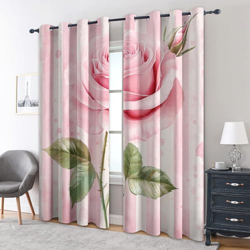 Rose Floral Curtains Bedroom, 52 x 84 - Pink Flower Stripe Blackout Curtains & Decor, Living Room, Eyelet Patterned Window Drapes, 84 Inch Drop 2 Panels (HD98)