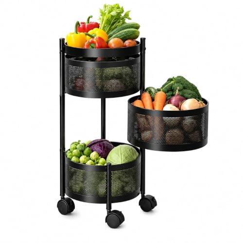 Image of Homeor 3 Layer Kitchen Trolley with Wheels | 360 Rotating Metal Storage Rack for Vegetables, Fruits, Onion & Spices | Round Multipurpose Kitchen Organizer Stand | Metal Kitchen Trolley, Matte Black