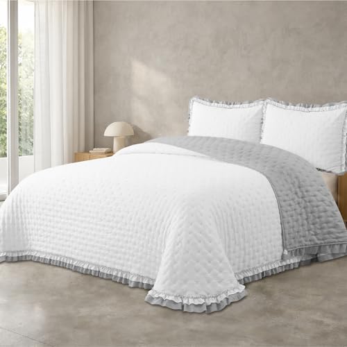 Victorio & Lucchino – Colcha Elvira Bicolor Lavada Termosellada con Doble Volante – Incluye Fundas de Cojín (Blanco/Gris, Cama 150cm)