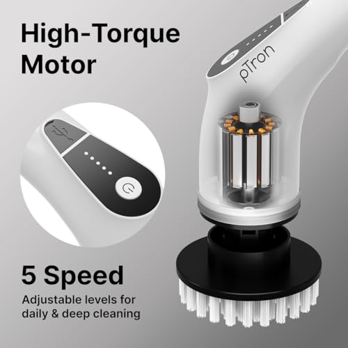 Image of pTron EaseMate Scrubber X1, Electric Spin Scrubber w / 5 Adjustable Speeds, Cleaning Brush Scrubber for Home, 400RPM /min, 120 min Run Time, 8 Replaceable Brush Heads for Bathroom, Floor Tiles (White)