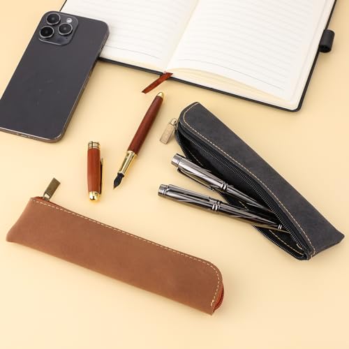 Amaxiu Slim PU Leather Pen Pencil Pouch, 2 Pcs Handcrafted Small Fountain Pen Holder Luxury Pen Case Thin Zipper Stationery Bag Vintage Pencil Organizer (Black+Brown)
