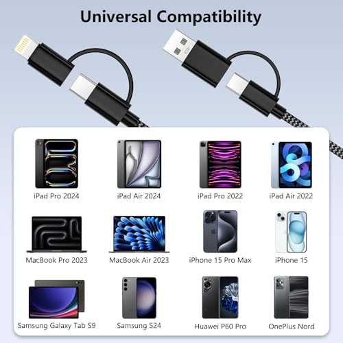 Multi Charger Cable 2M, 4 in 1 Charging Cable Braided Multiple Charger Cable Lead 60W Fast Charge USB A/USB C to Lightning Cable, USB A/USB C to USB C Cable for iPhone, iPad, Samsung, Android, Xiaomi - Image 6