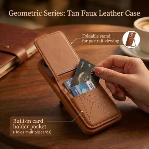 Image of amazon basics Premium Vegan Leather Back Cover with Card Holder and Integrated Mobile Stand for iPhone 14 Pro Max - Slim Shockproof Wallet Case with Geometric Stitching [Tan]