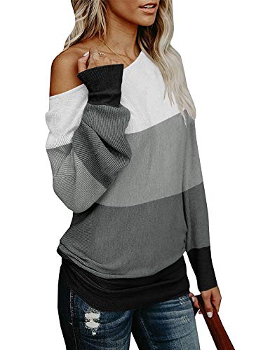 Umeko Womens Off The Shoulder Sweater Oversized Knit Long Sleeve Sweaters Tunic Tops (Large, X-Grey) #TOP12