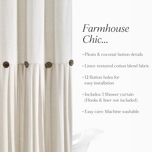 Image of Lush Decor Linen Button Shower Curtain, 72 inch W x 72 inch L, Off White - Extra Long Shower Curtains - White Shower Curtain Fabric - Farmhouse Bathroom Decor