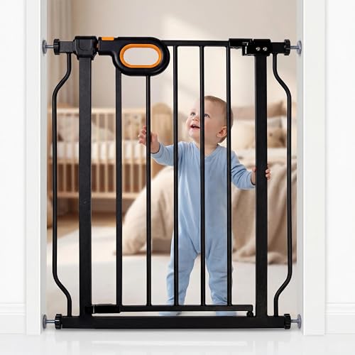 COSEND Small Narrow Baby Gate for Stairs 23.8-28.3 Inch Wide Narrow Dog gate No Drilling with Walk-Through Door Black