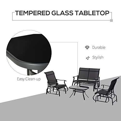 Outsunny 4 Pieces Gliders Set, Outdoor Furniture Sets With 2-Person Glider Patio Bench, Single Sling Chair And Glass Coffee Table For Backyard, Lawn And Garden, Black #TOP4